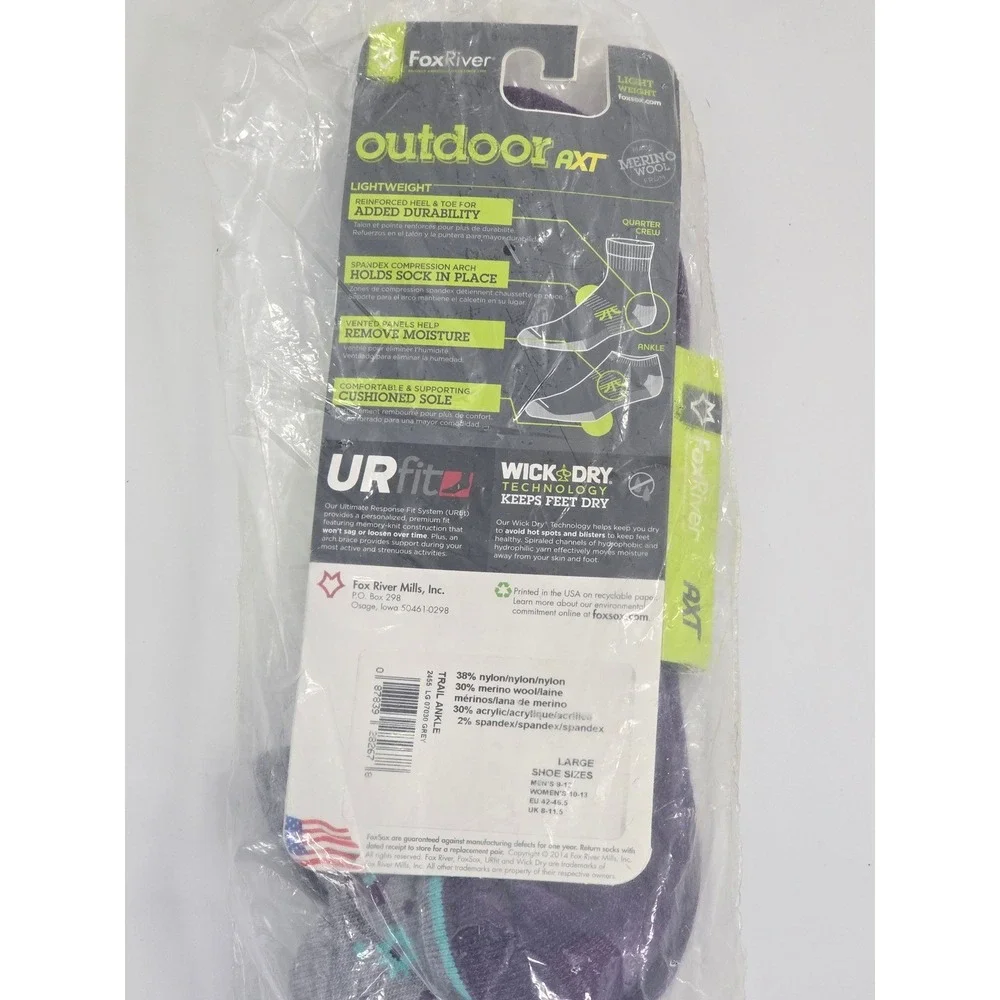 Fox River Outdoor AXT Merino Wool Trail Ankle Socks Purple Grey Mens 9-12 L 2455